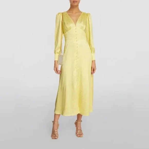 Olivia Rubin Dahlia Midi Dress Yellow Long Sleeve Button